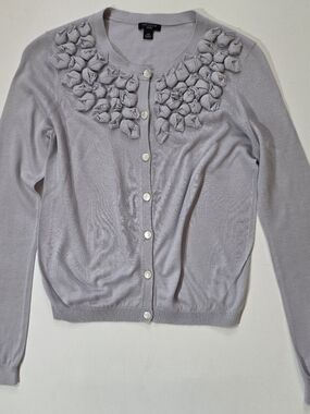 Ann Taylor Cardigan Sweater Womens SP Lavender Button Down 3D Floral Rosettes‎